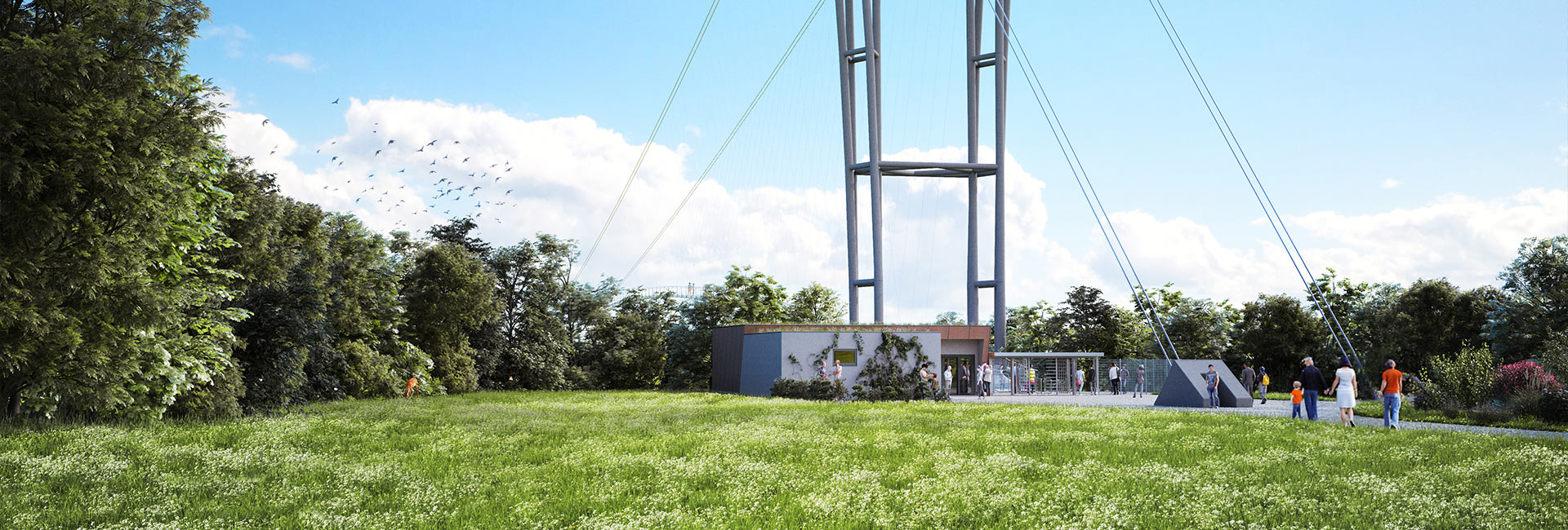 3D Darstellung des Pylon der Neckarline mit dem Besucherzentrum und einer Familie im Vordergrund