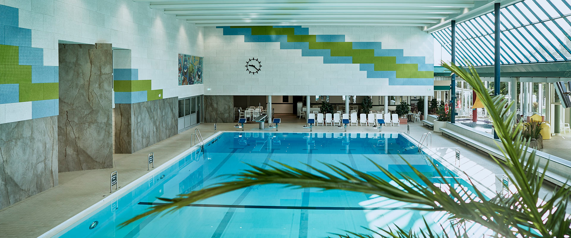 Große Schwimmhalle mit einer Palme im Vordergrund
