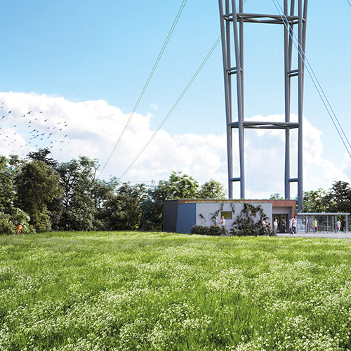3D Darstellung des Pylon der Neckarline mit dem Besucherzentrum