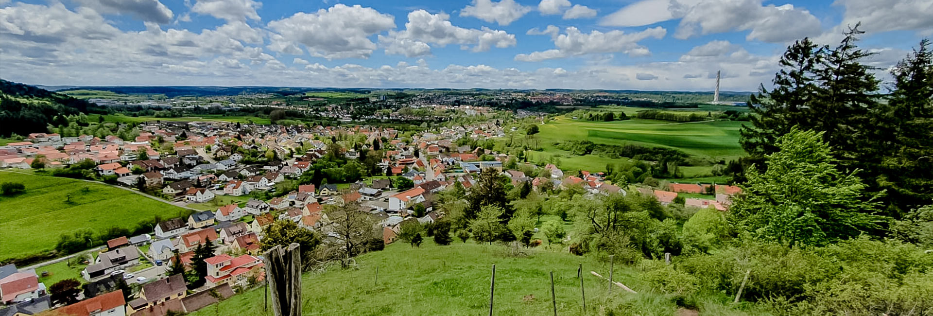 Übersicht über Stadt mit Sonnenschein und grünen Wiesen